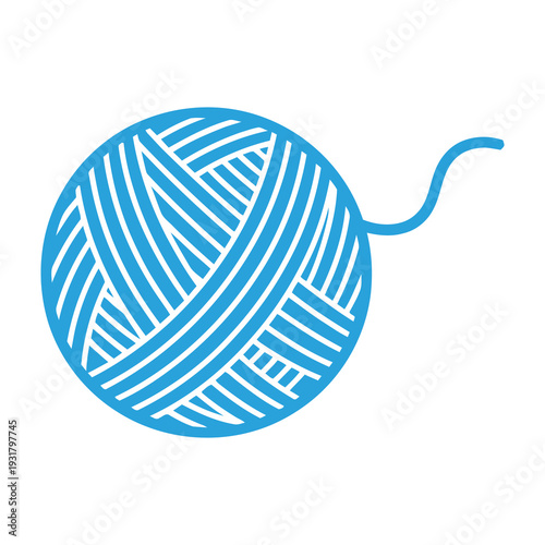 Bright blue yarn ball with intricate diagonal twists and a loose end dangling showcasing vibrant crafting material perfect for knitting crochet or textile projects in a minimalist white background