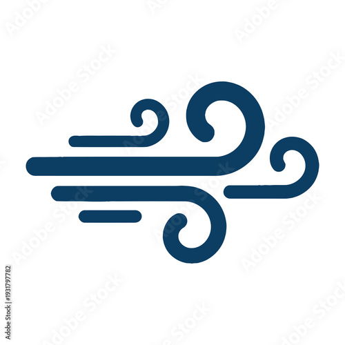 A bold and dynamic wind symbol illustration featuring fluid swirling curves and elongated strokes in deep navy blue against a clean white background for modern graphic design projects
