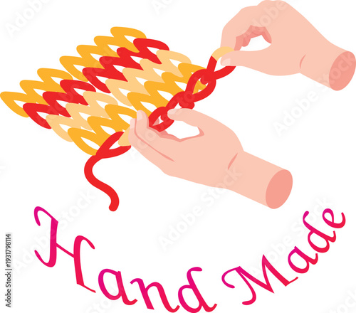 Hand weaving process showing interlaced red and yellow loops with text for artisanal products