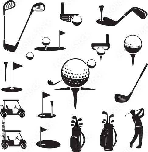 Golf Equipment and Club Icon Set: Silhouettes of Golfers, Carts, Clubs, and Balls for Sport Logo Design