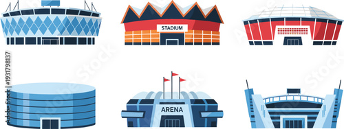 Stadium and arena buildings illustration set featuring modern sports venues, football stadiums, event arenas, and architectural structures in flat vector style