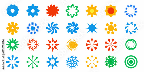 Collection of vibrant flower and star shaped icons in various colors