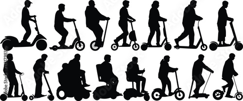Collection of Electric Scooter Rider Silhouettes Including Kids, Adults and Mobility Users Isolated on White Background