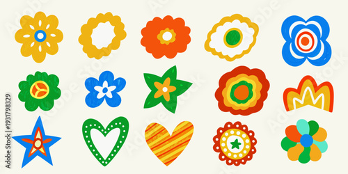 Colorful assortment of stylized floral and geometric shapes on a beige background