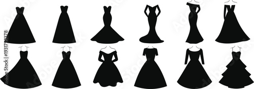 Collection of Elegant Evening Gown and Wedding Dress Silhouettes in Various Styles Isolated on White BackgroundCollection of Elegant Evening Gown and Wedding Dress