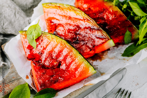 Sweet toasted watermelon with red pepper and mint