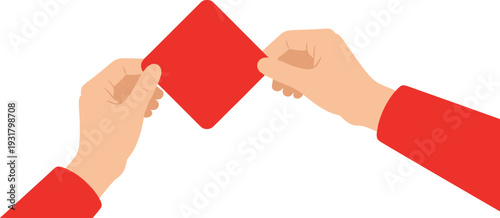 Two hands exchanging a red card in a business setting