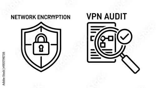 Network Encryption Shield Lock and VPN Audit Magnifying Glass Icons for Data Security and Privacy
