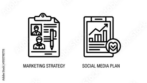 Set of vector icons representing marketing strategy, social media plan, target audience and data analysis for business growth and planning.