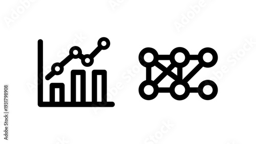 Iconography representing data analysis, growth charts, and neural networks for technology and AI concepts.
