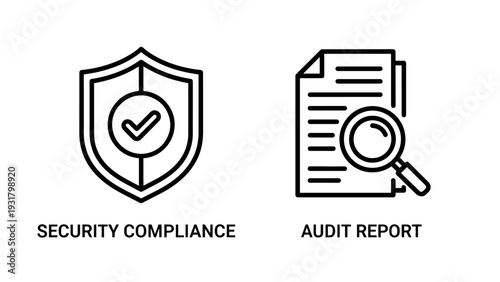 Icons for security compliance with shield and checkmark, and audit report with magnifying glass for business verification.