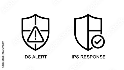 Cybersecurity icons depicting an IDS alert with a warning triangle on a shield and an IPS response with a shield and checkmark.