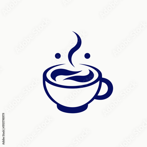 A simple dark blue icon of a steaming hot beverage