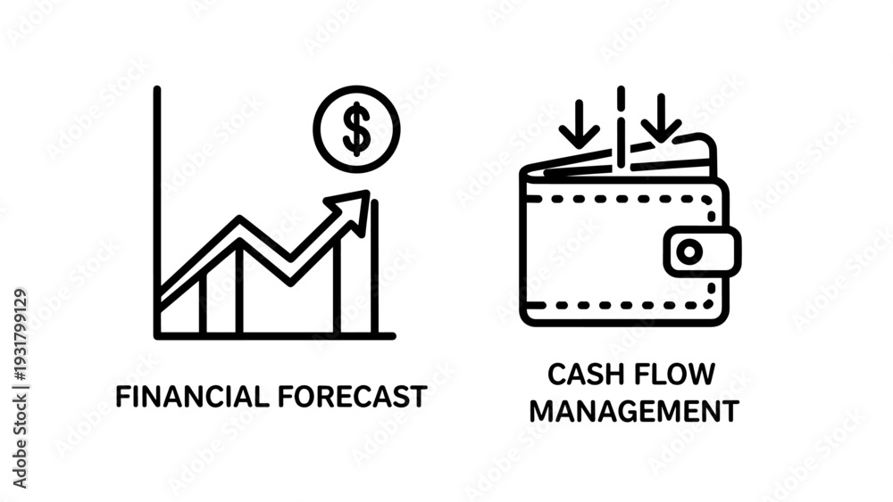 Naklejka premium Financial forecast chart with upward trend and dollar sign, cash flow management wallet with income and expense arrows