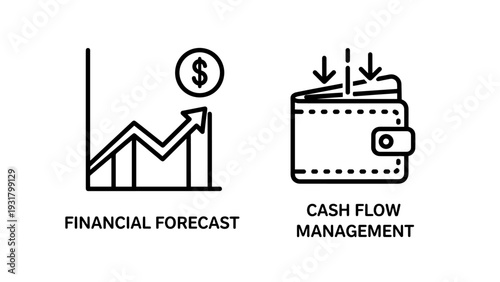 Financial forecast chart with upward trend and dollar sign, cash flow management wallet with income and expense arrows