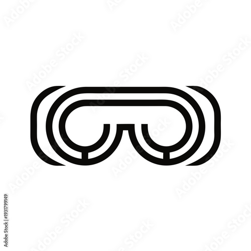 A black and white logo of swimming goggles
