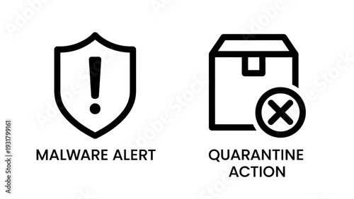 Malware alert shield with exclamation mark and quarantine action icon with package and cross for cybersecurity protection