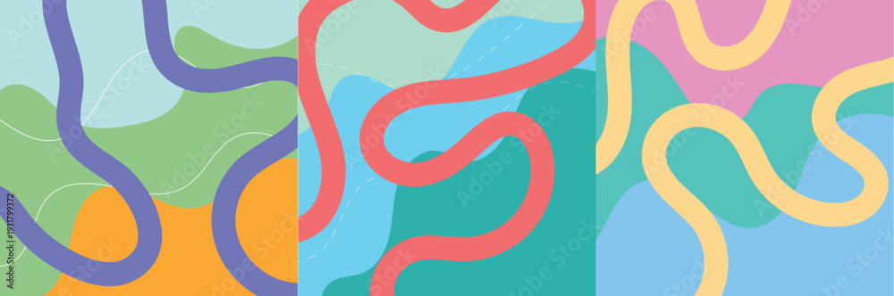 Obraz premium Vibrant Retro Groovy Wavy Seamless Pattern | Colorful Abstract Organic Squiggles in Pastel Blue Green Pink Orange Panels Vector Background 