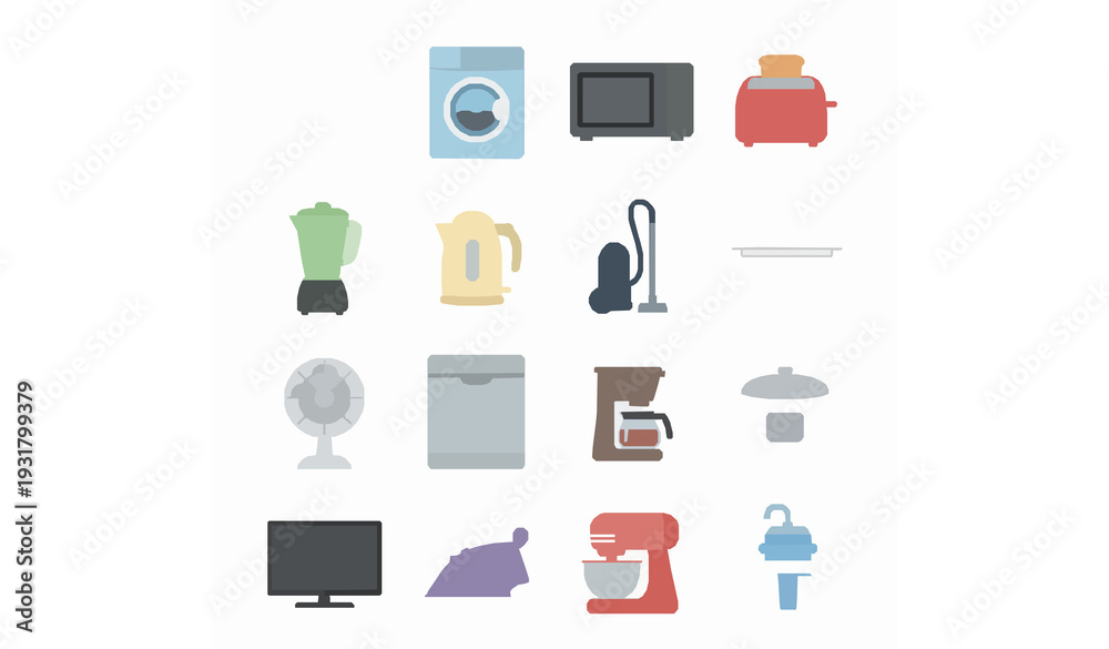 Fototapeta premium Modern Household Appliances Flat Vector Icon Set Isolated on White Background
