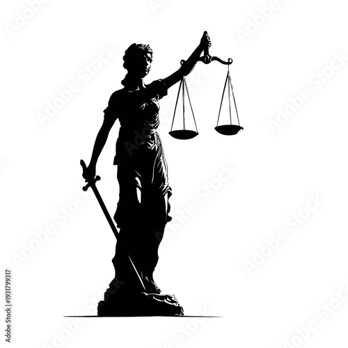 Silhouette of Lady Justice holding scales and sword, symbolizing law and order.