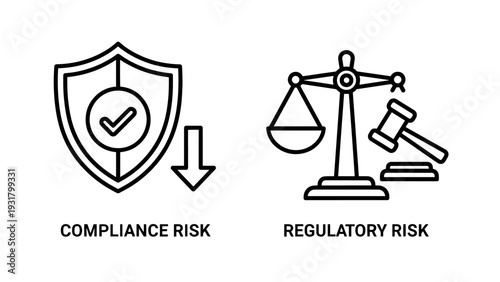 Compliance and Regulatory Risk Icons: Shield with Checkmark and Scales of Justice with Gavel