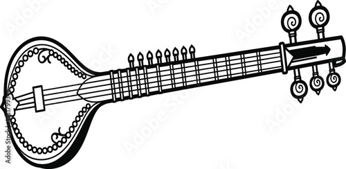 Ornate black and white stringed musical instrument