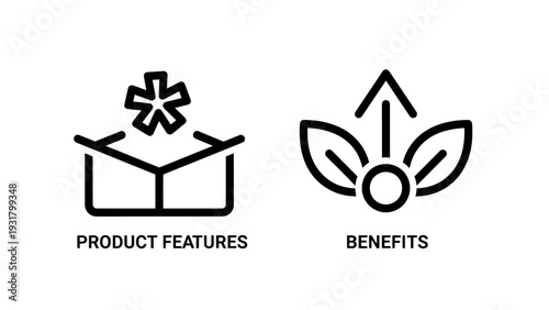 Product Features and Benefits Icons: Open Box with Starburst and Leaves with Upward Arrow