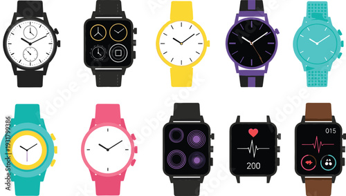 Smartwatch and wristwatch set, modern analog and digital watch illustrations isolated on white