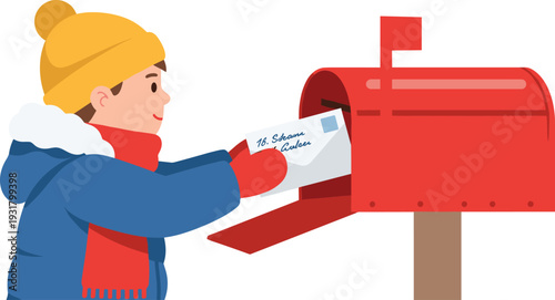 Woman in warm clothing mailing a letter in a red mailbox