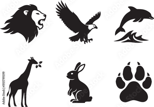 Wildlife animal silhouettes featuring lion head eagle in flight jumping dolphin giraffe eating leaves rabbit and predator paw print