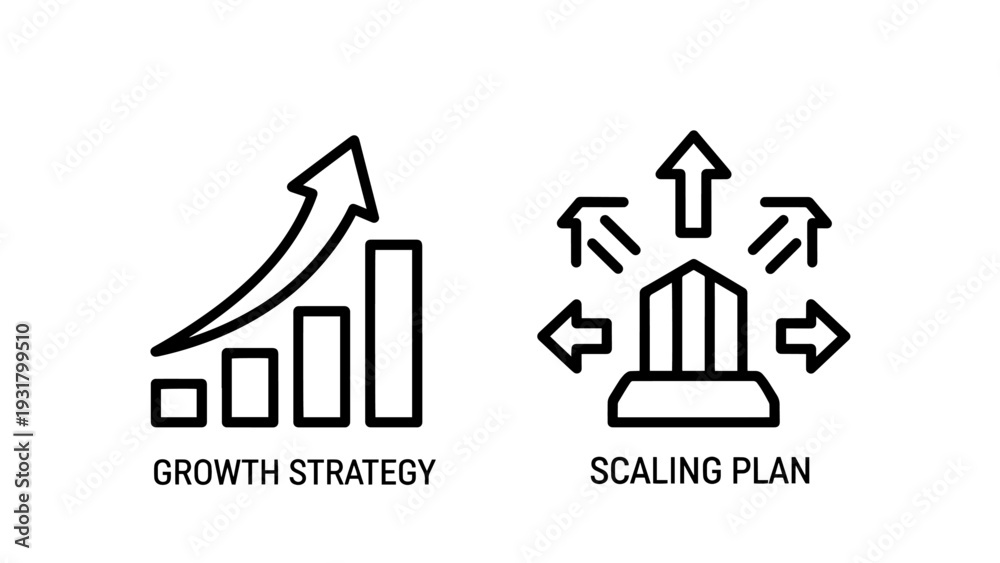 Fototapeta premium Growth strategy and scaling plan icons showing upward bar charts and arrows, representing business expansion, development, and increasing success.