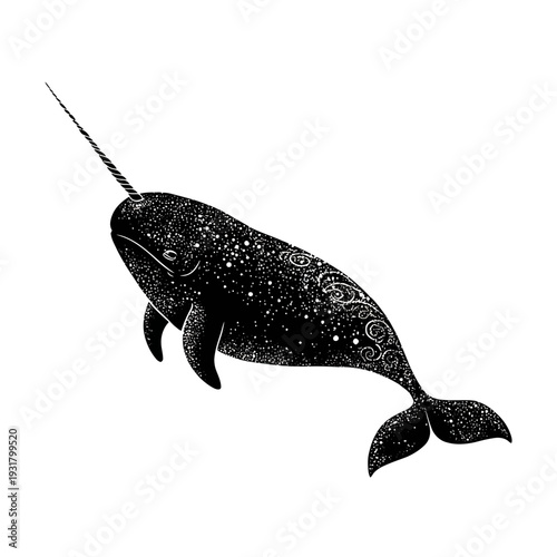 Whimsical narwhal illustration with starry pattern and swirling designs on a white background.