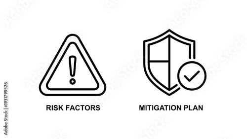 Risk factors and mitigation plan icons symbolizing danger warnings and protective measures, essential for safety and security management.