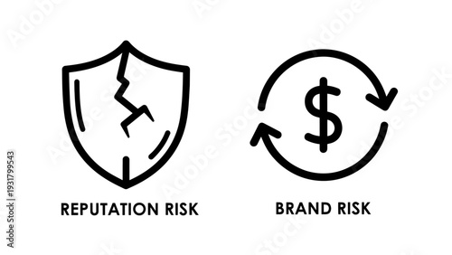 Two simple line icons illustrating reputation risk and brand risk, representing potential damage to a company's image and financial stability.