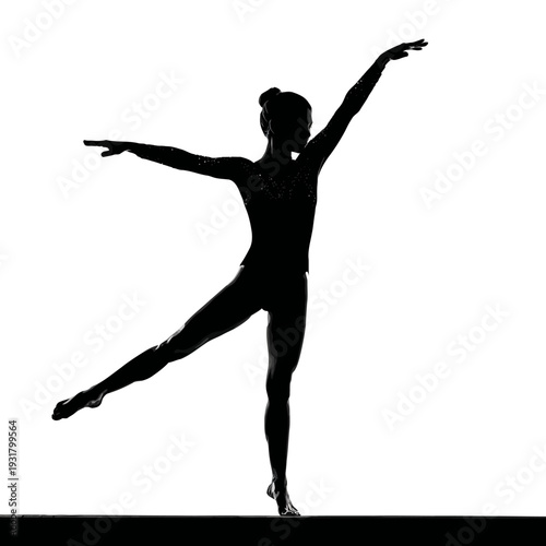 Silhouette of a female gymnast performing a graceful ballet pose against a bright white background.