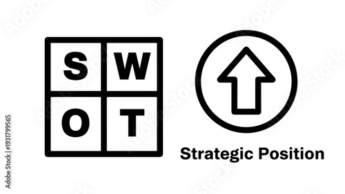 Strategic business icons including SWOT analysis and upward trend for strategic position, representing planning and growth.