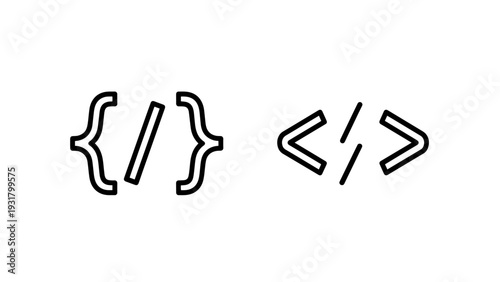 Coding symbols including curly braces with slash and angle brackets with slash, representing programming languages and syntax.
