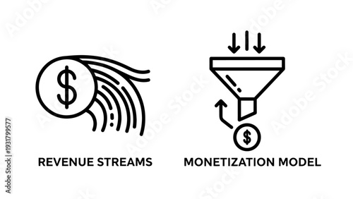 Modern line icons depicting revenue streams and monetization model, signifying financial growth and business profitability.