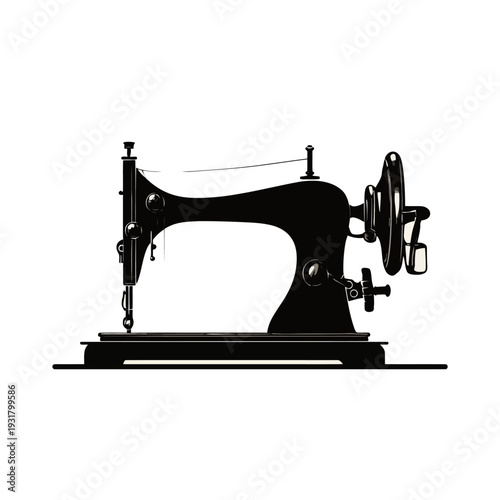 Vintage black sewing machine silhouette on a white background, representing craftsmanship and tradition.