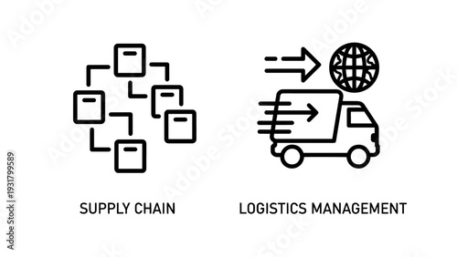 Icons representing supply chain management and global logistics, showing interconnectedness and transportation of goods.