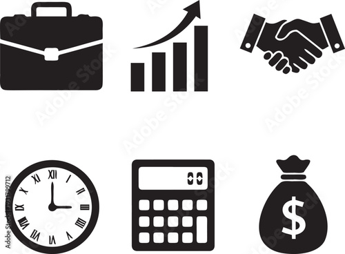 Business icon set including briefcase growth chart handshake clock calculator and money bag for financial planning and management