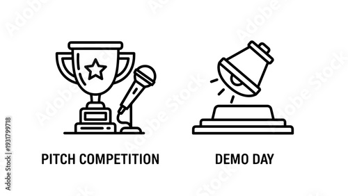 Pitch Competition and Demo Day Icons: Startup Events, Innovation Showcases, and Presentation Symbols