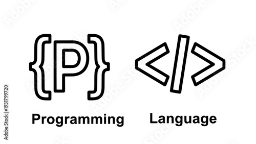 Programming language concept with curly braces and code symbols, icon vector illustration on white background