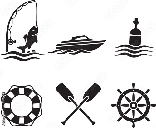 Nautical and water sport icons including fishing boat lifebuoy oars and helm on transparent background