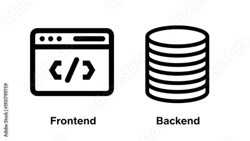 Frontend and backend development concept with browser window and database icons, vector illustration