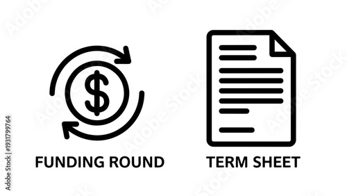 Funding round and term sheet concept with money cycle and document icons, vector illustration