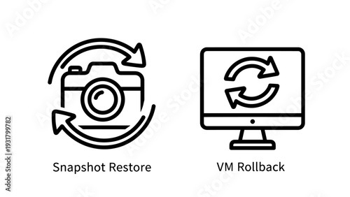 Snapshot restore and VM rollback concept with camera and computer icons, vector illustration