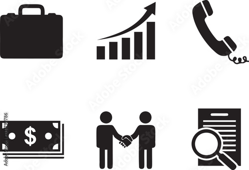 Business and finance related icons including briefcase graph handshake money document phone and magnifying glass