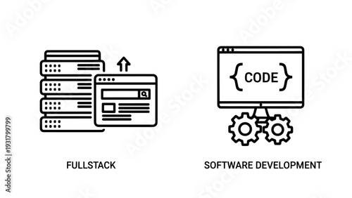 Fullstack software development concept with server stack and code on screen icons, vector art