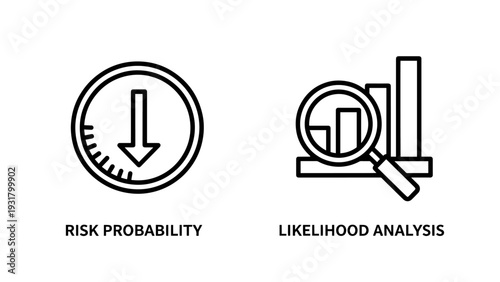 Risk assessment icons: Downward arrow in circle for risk probability and graph with magnifying glass for likelihood analysis, depicting uncertainty and data evaluation.